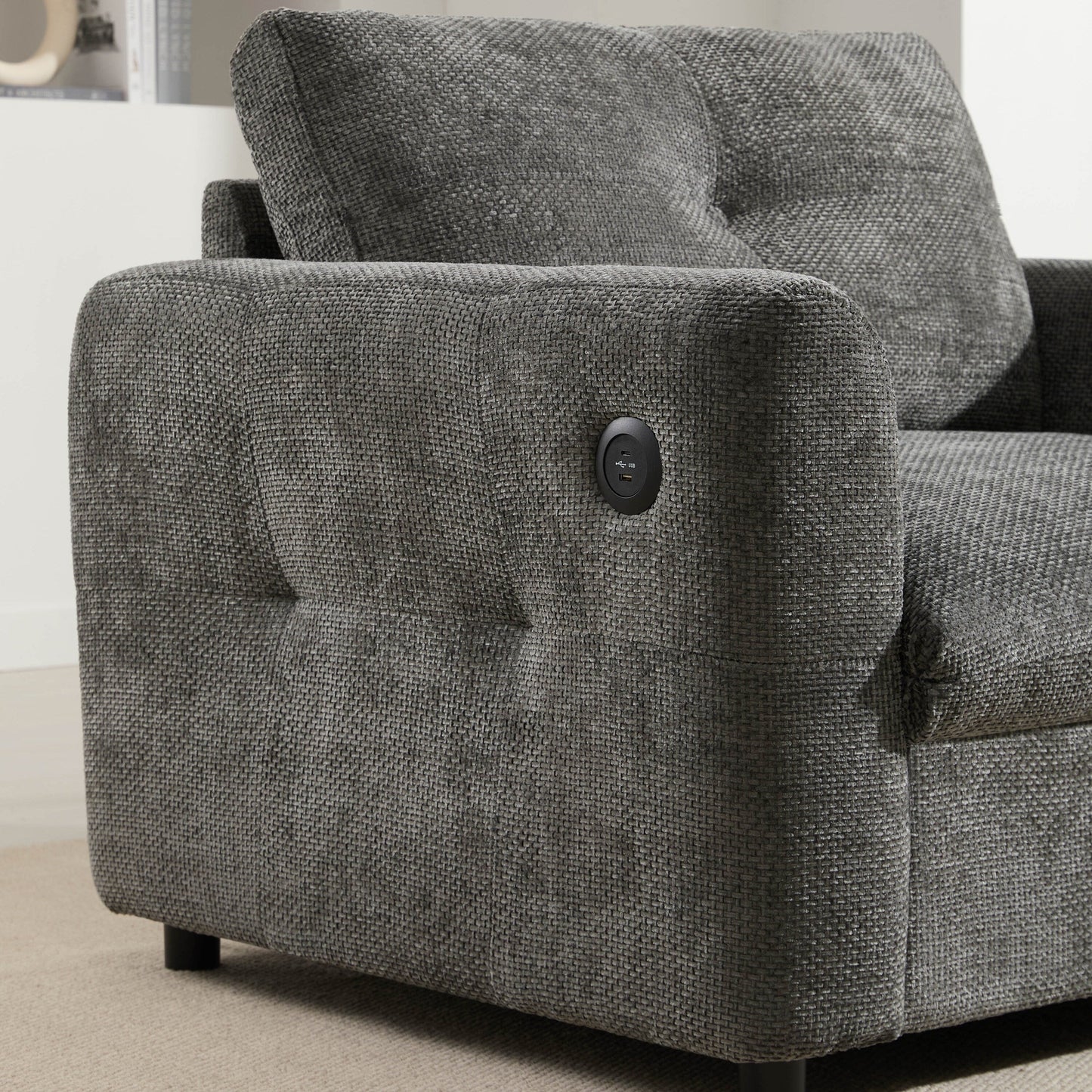 42*33 Single Sofa, Armchair with Wide Seat, Dual-port Charger, Pull-line & Tufted Design, High-density Foam