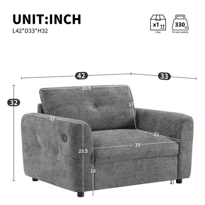 42*33 Single Sofa, Armchair with Wide Seat, Dual-port Charger, Pull-line & Tufted Design, High-density Foam