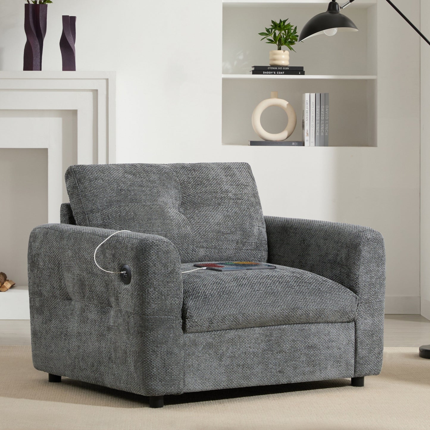 42*33 Single Sofa, Armchair with Wide Seat, Dual-port Charger, Pull-line & Tufted Design, High-density Foam