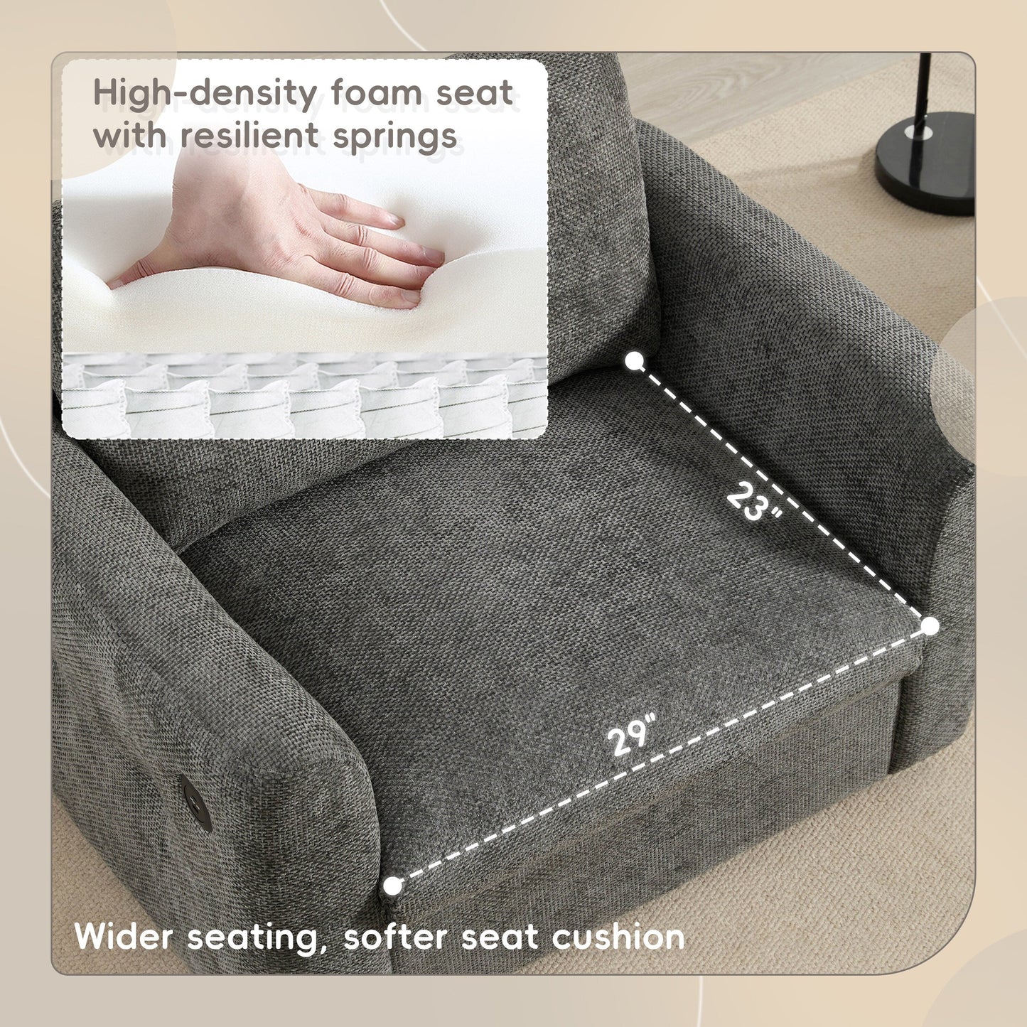 42*33 Single Sofa, Armchair with Wide Seat, Dual-port Charger, Pull-line & Tufted Design, High-density Foam