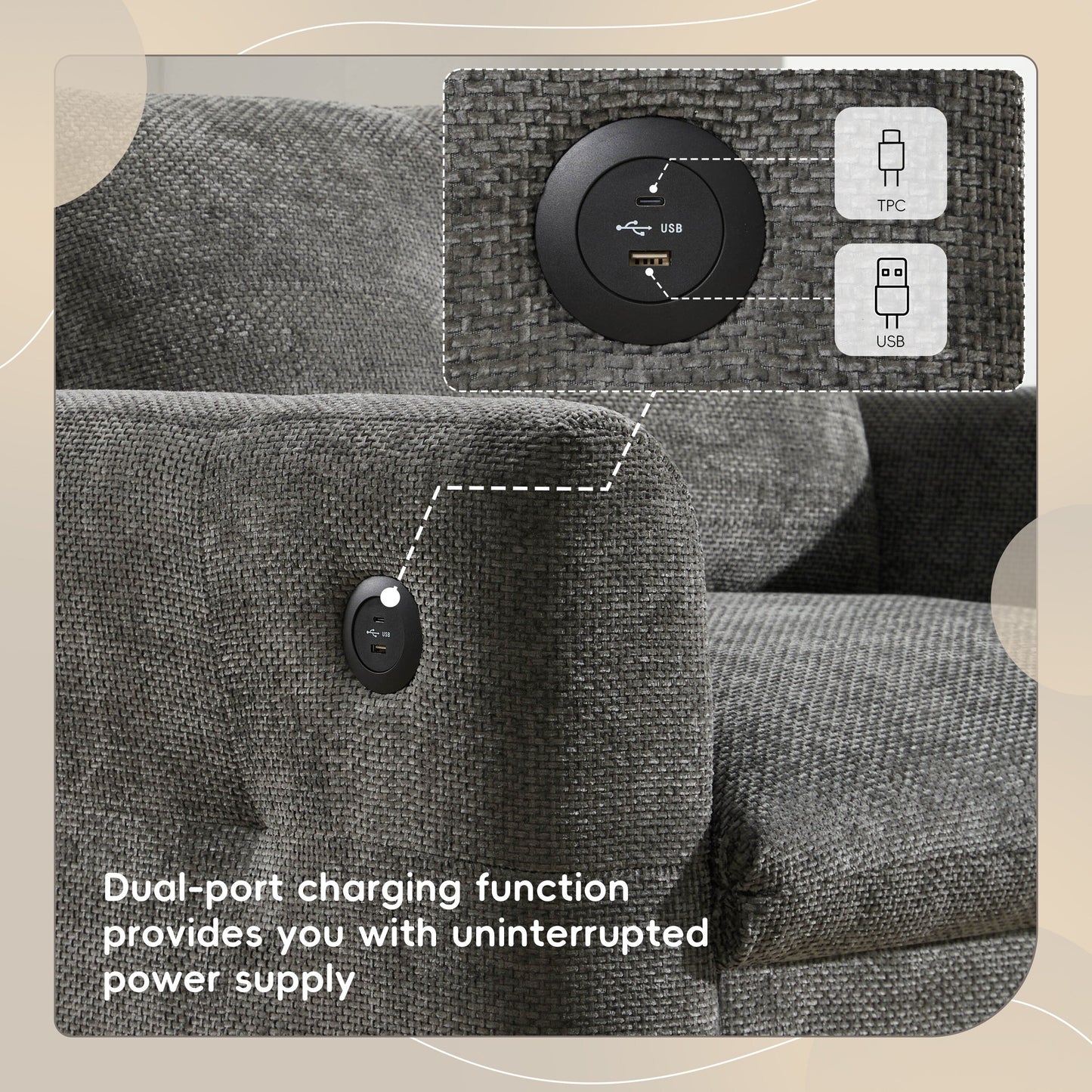 42*33 Single Sofa, Armchair with Wide Seat, Dual-port Charger, Pull-line & Tufted Design, High-density Foam