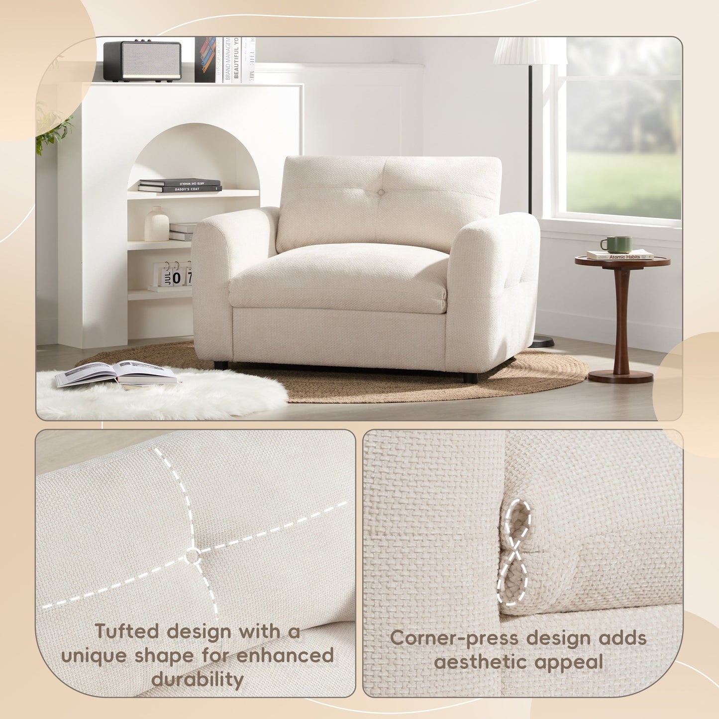 42â?Wide Seat Armchair with Dual-Port Charger and Tufted Pull-Line Design by Harper&Bright Designs