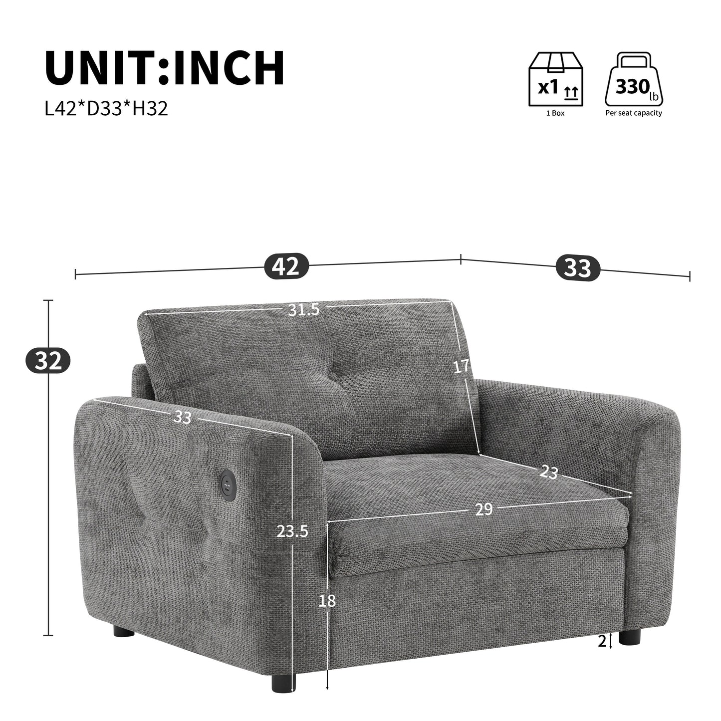 42â?Wide Seat Armchair with Dual-Port Charger and Tufted Pull-Line Design by Harper&Bright Designs
