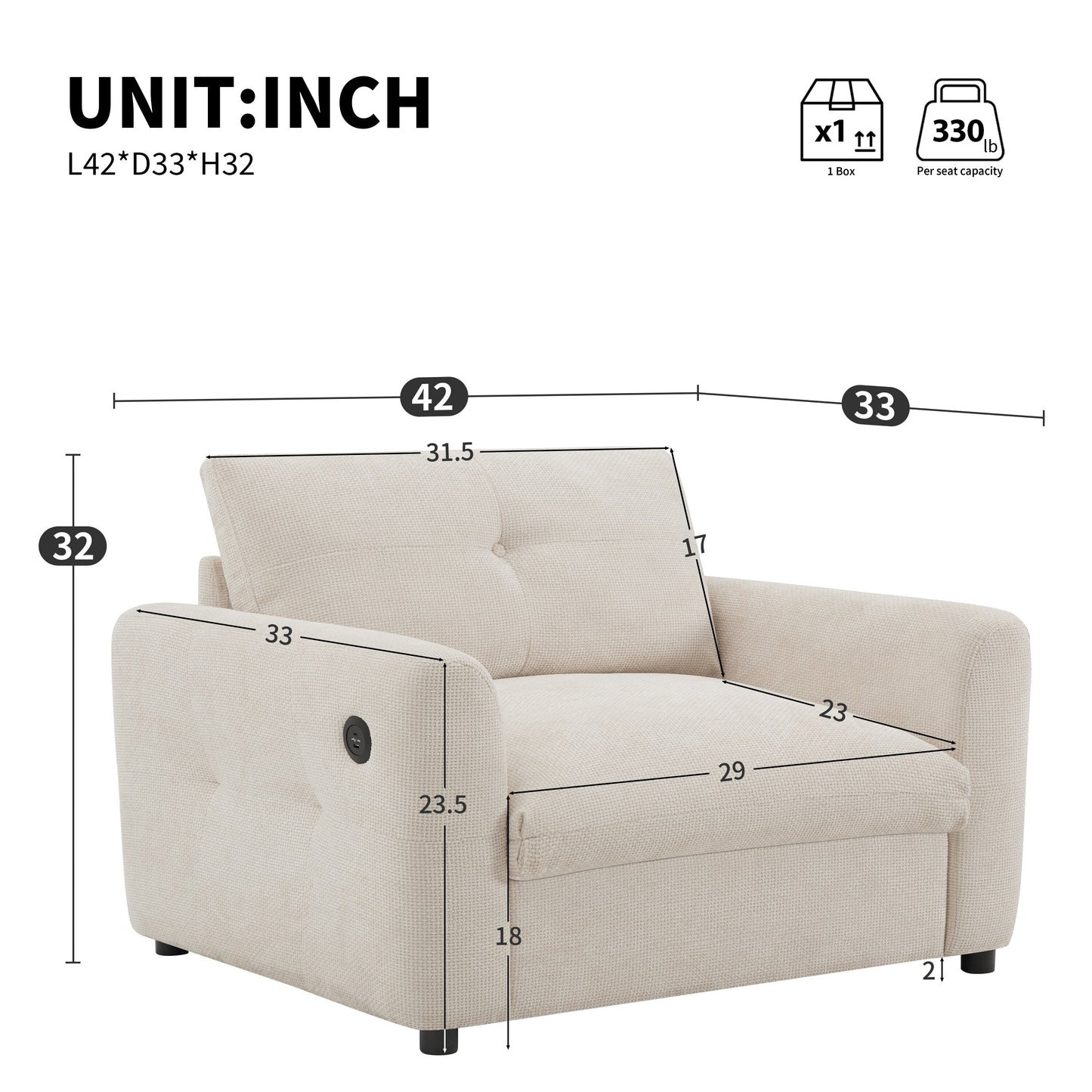 42â?Wide Seat Armchair with Dual-Port Charger and Tufted Pull-Line Design by Harper&Bright Designs