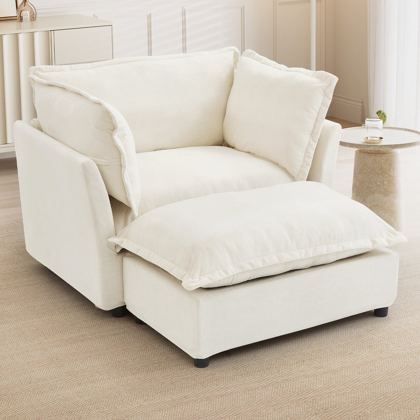 47 Modern Armchair Sofa with Ottoman - Upholstered Lounge Chair, Wide Seat, Curved Armrests & Soft Pillows for Living Room