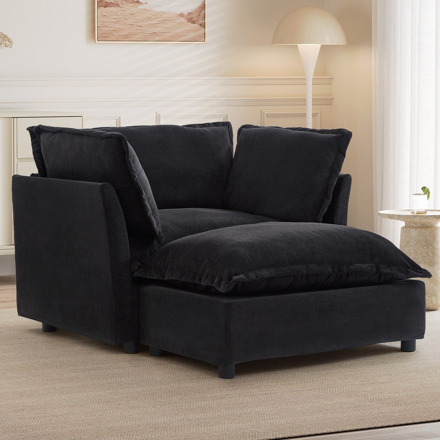 47 Modern Armchair Sofa with Ottoman - Upholstered Lounge Chair, Wide Seat, Curved Armrests & Soft Pillows for Living Room