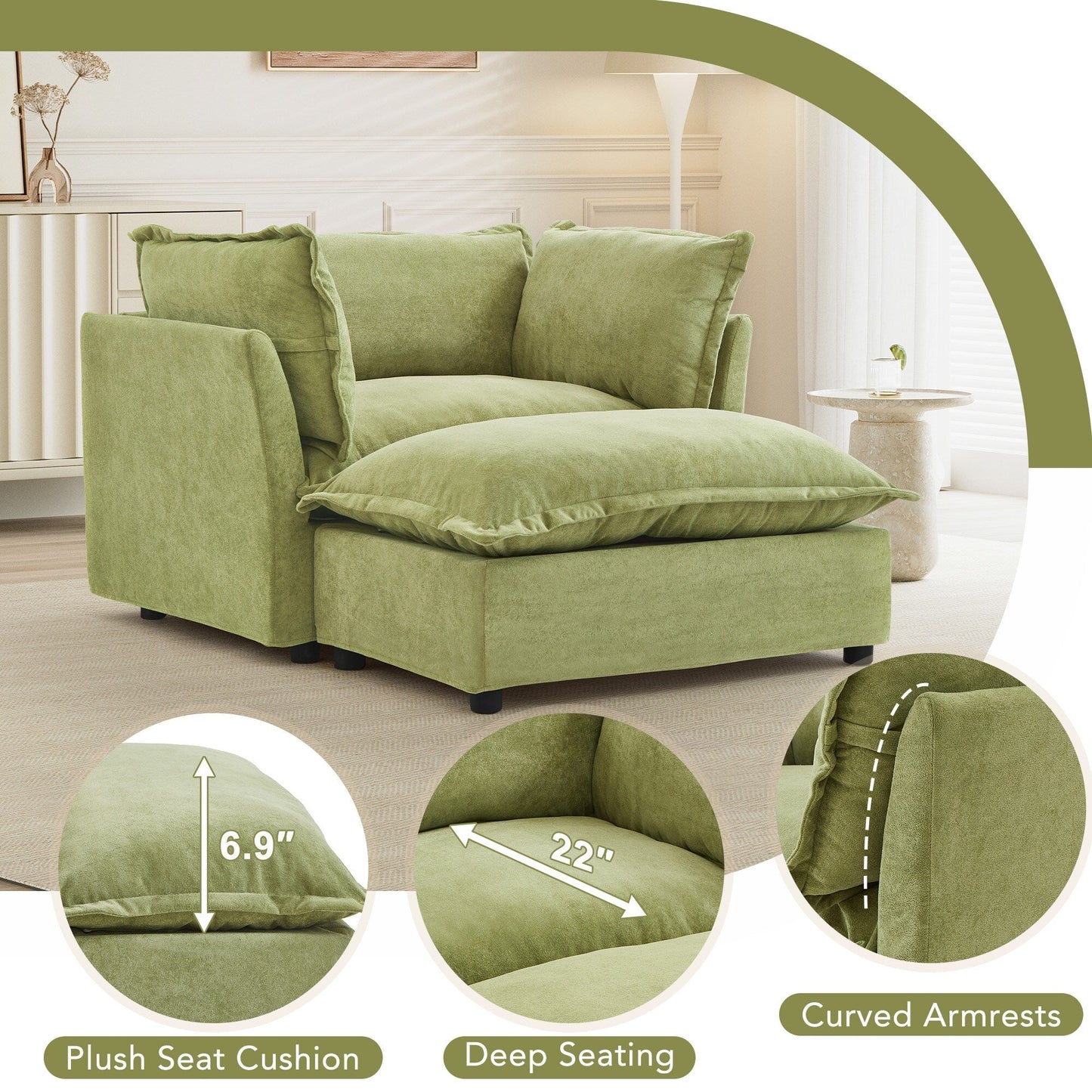 47 Modern Armchair Sofa with Ottoman - Upholstered Lounge Chair, Wide Seat, Curved Armrests & Soft Pillows for Living Room