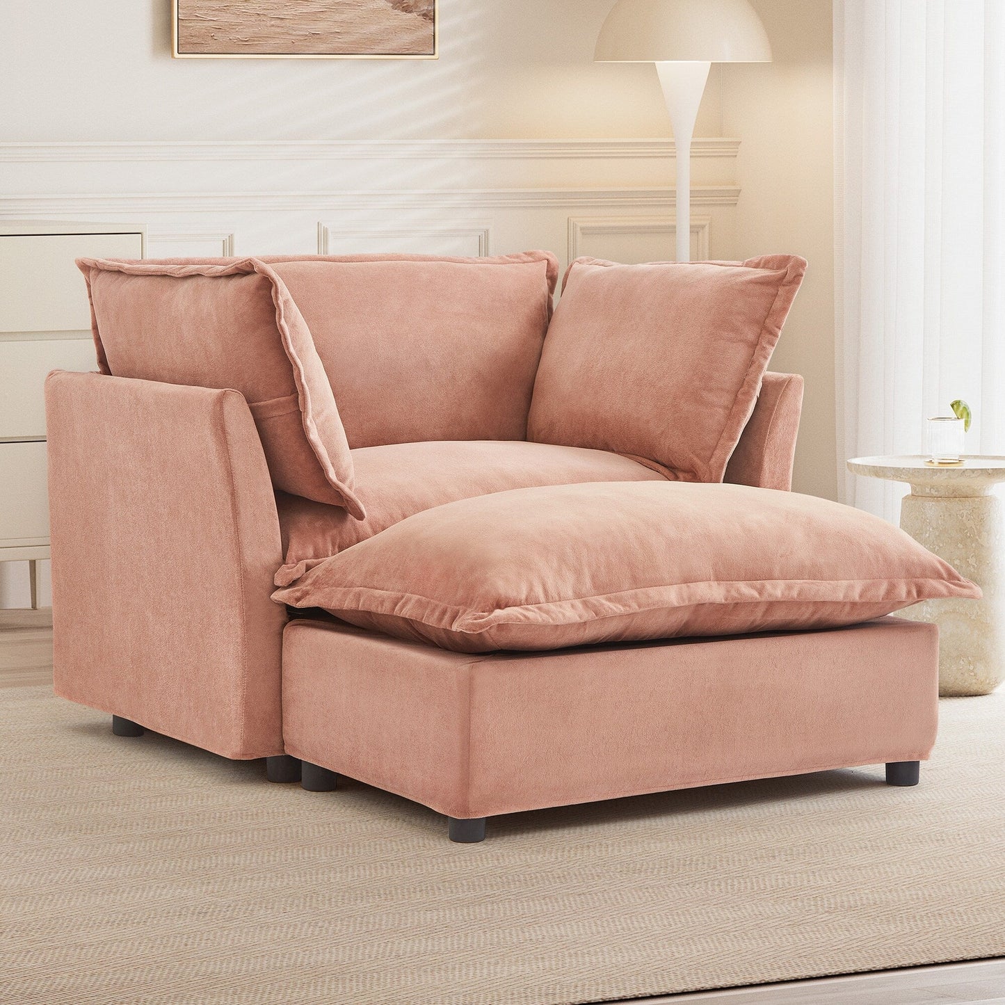 47 Modern Armchair Sofa with Ottoman - Upholstered Lounge Chair, Wide Seat, Curved Armrests & Soft Pillows for Living Room