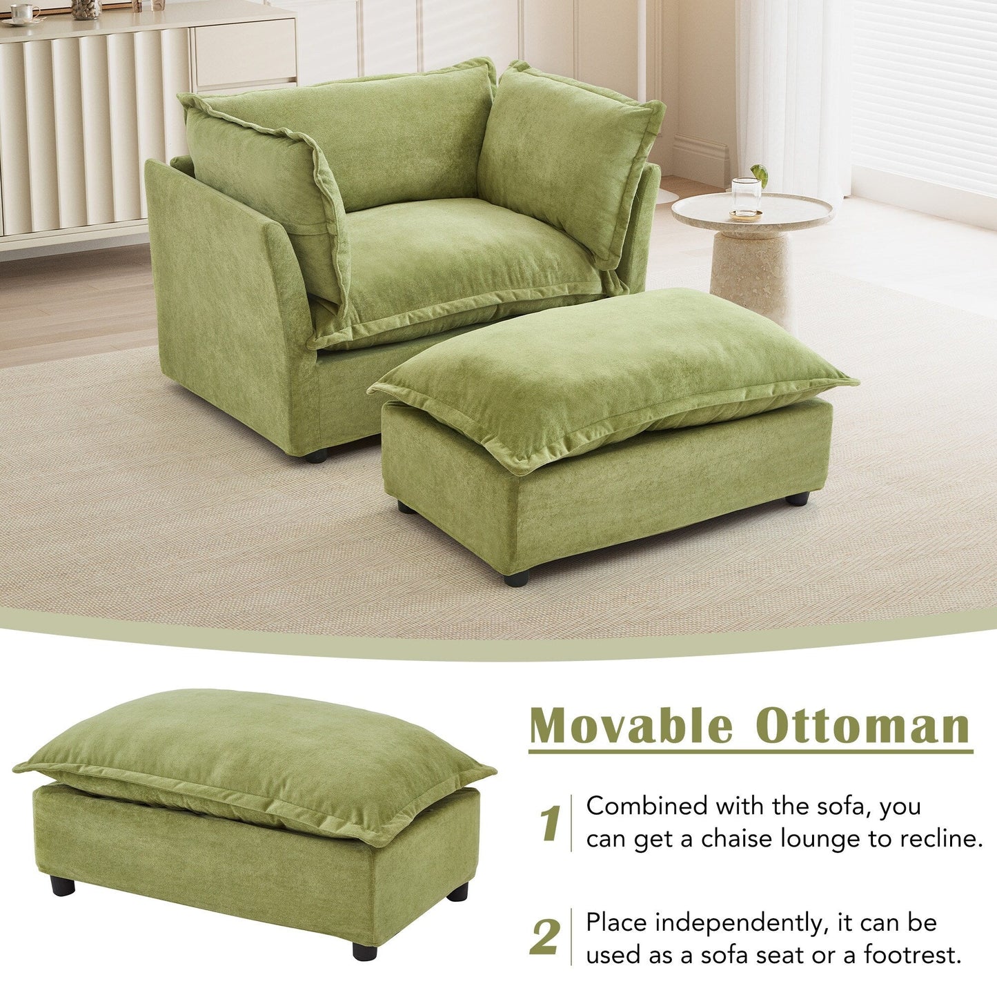 47 Modern Armchair Sofa with Ottoman - Upholstered Lounge Chair, Wide Seat, Curved Armrests & Soft Pillows for Living Room