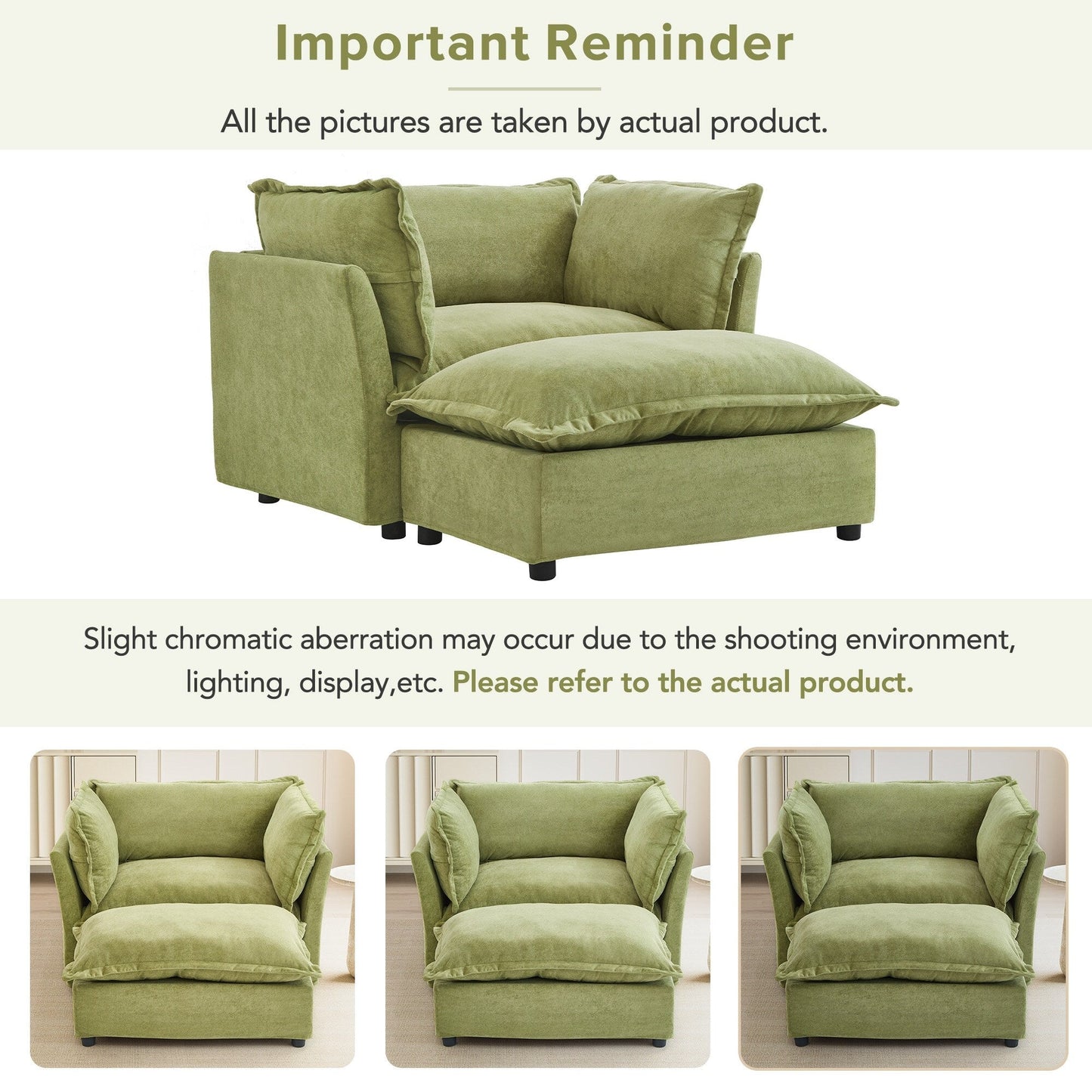 47 Modern Armchair Sofa with Ottoman - Upholstered Lounge Chair, Wide Seat, Curved Armrests & Soft Pillows for Living Room