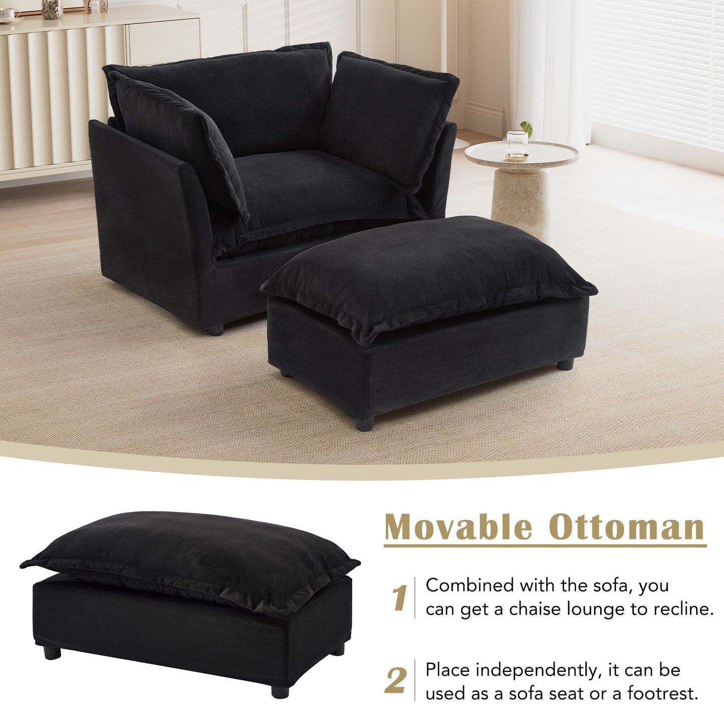 47 Modern Armchair Sofa with Ottoman - Upholstered Lounge Chair, Wide Seat, Curved Armrests & Soft Pillows for Living Room