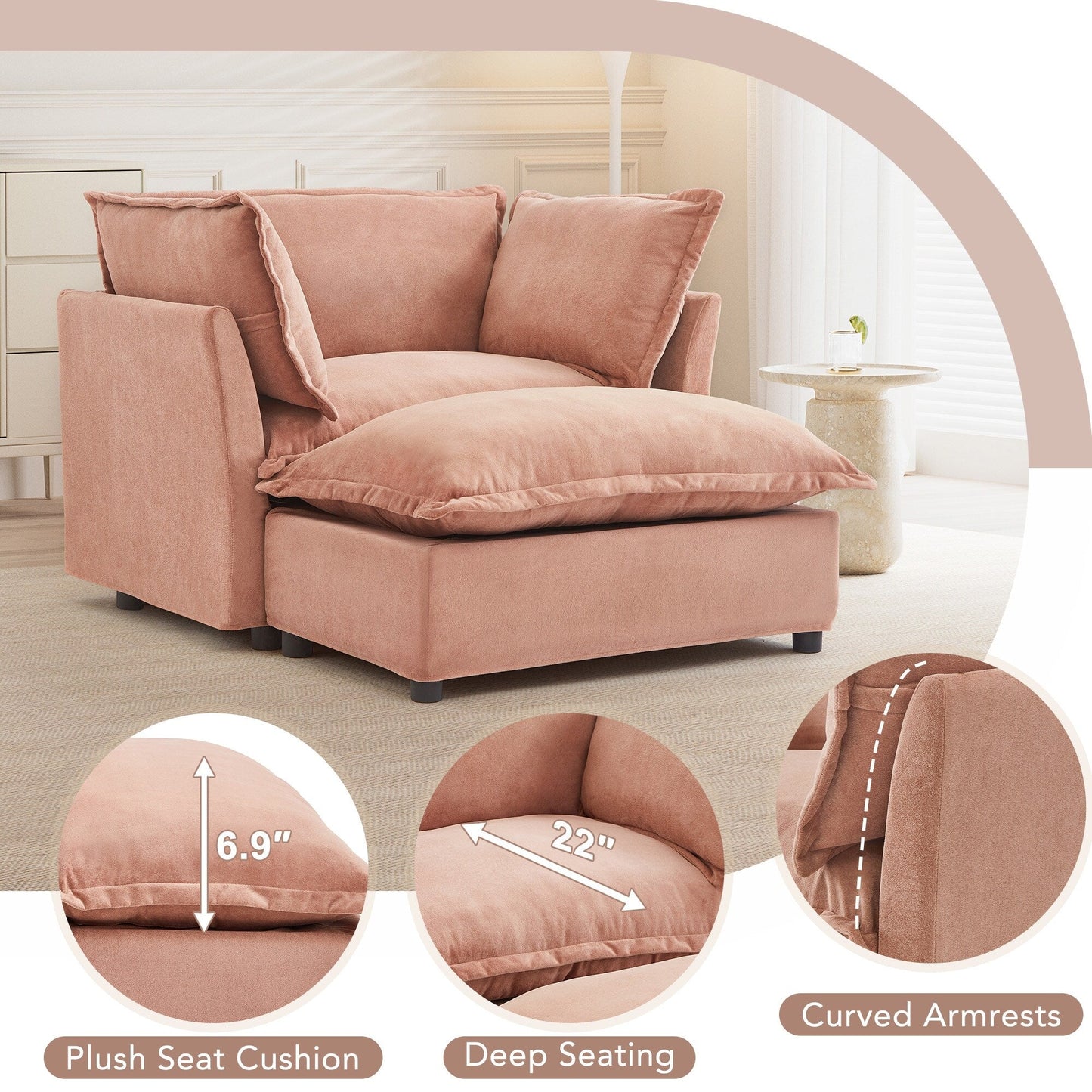 47 Modern Armchair Sofa with Ottoman - Upholstered Lounge Chair, Wide Seat, Curved Armrests & Soft Pillows for Living Room