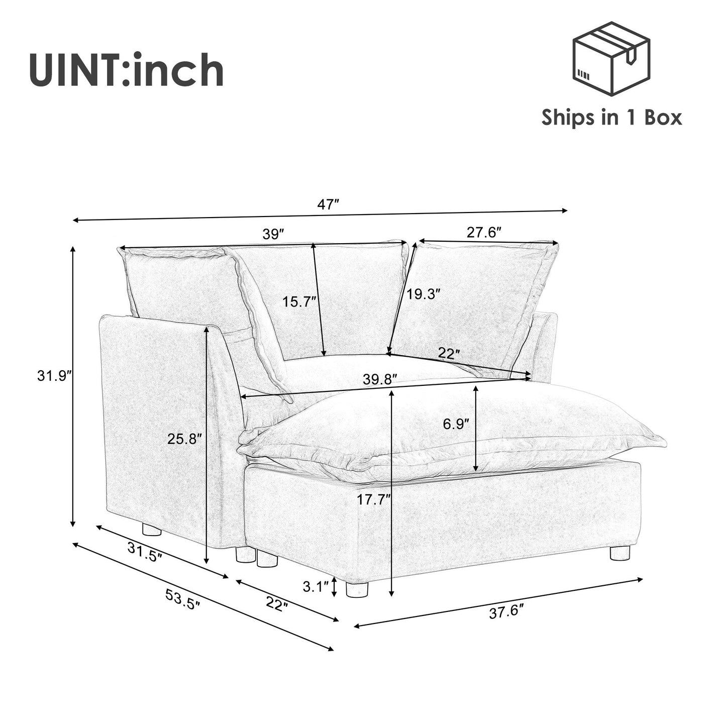 47 Modern Armchair Sofa with Ottoman - Upholstered Lounge Chair, Wide Seat, Curved Armrests & Soft Pillows for Living Room