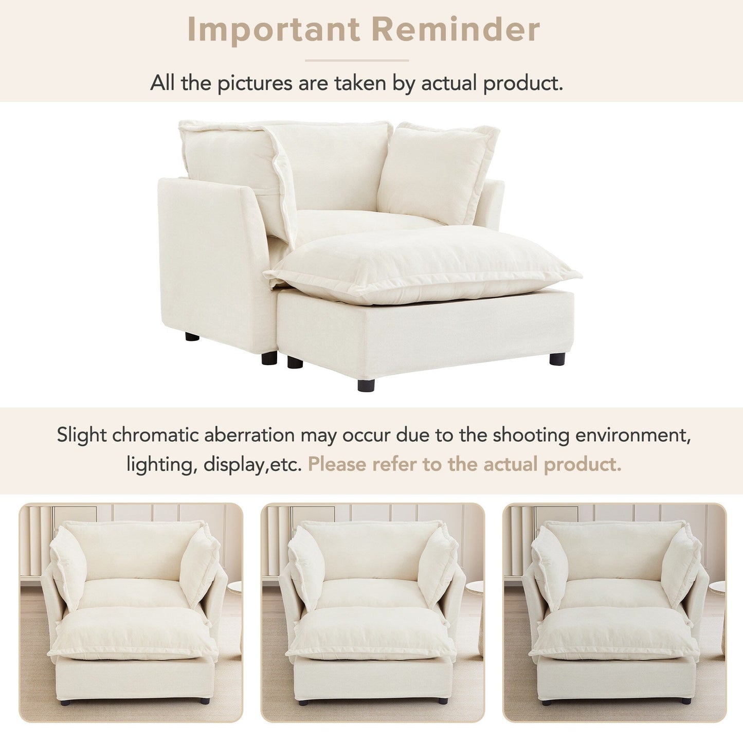 47 Modern Armchair Sofa with Ottoman - Upholstered Lounge Chair, Wide Seat, Curved Armrests & Soft Pillows for Living Room
