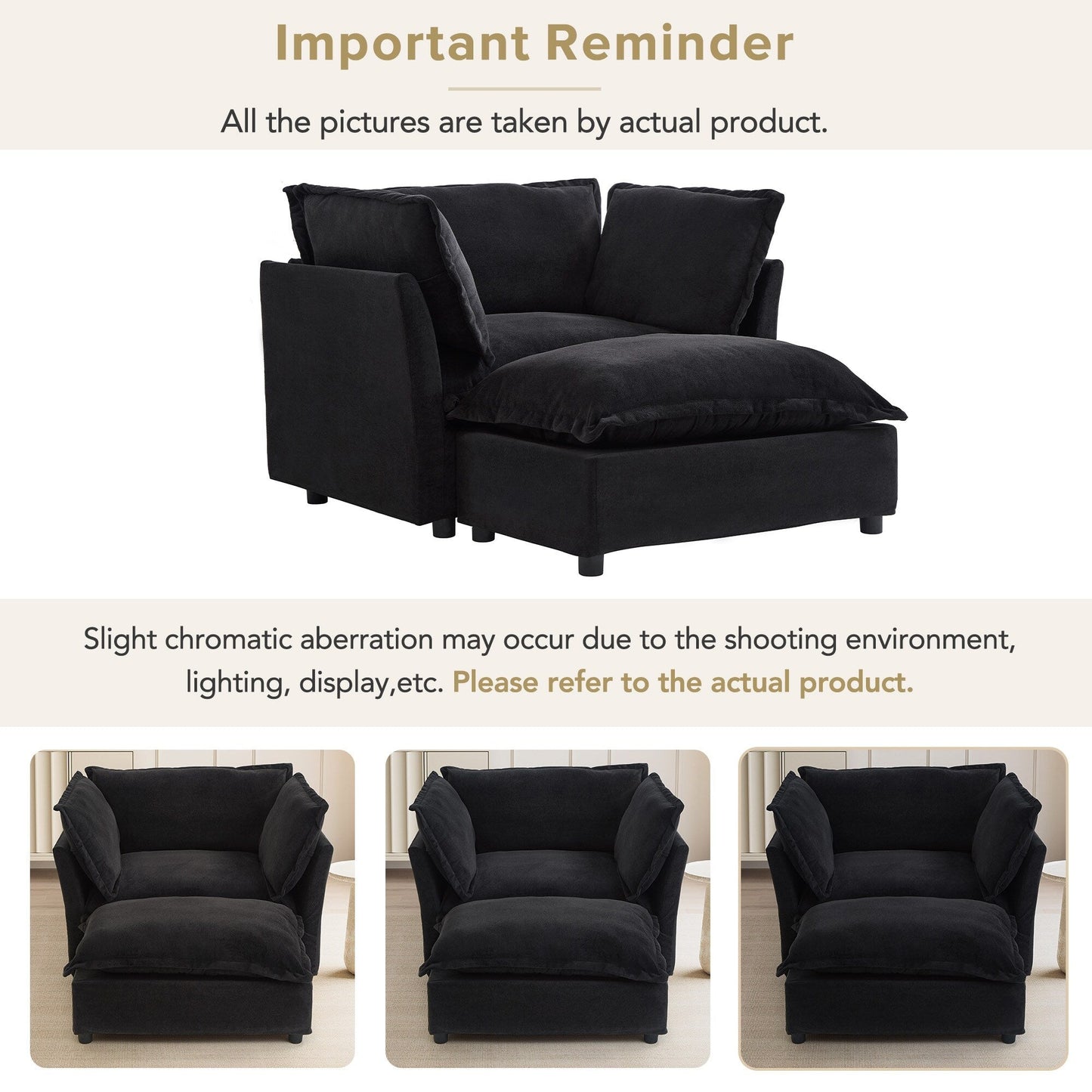 47 Modern Armchair Sofa with Ottoman - Upholstered Lounge Chair, Wide Seat, Curved Armrests & Soft Pillows for Living Room
