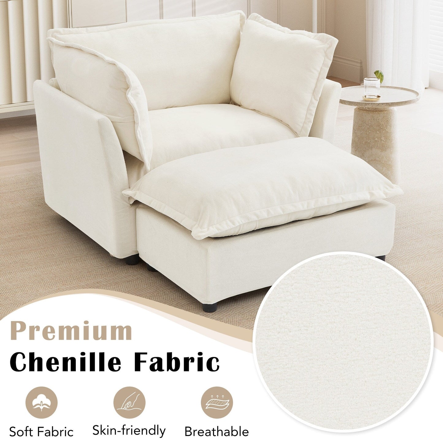 47 Modern Armchair Sofa with Ottoman - Upholstered Lounge Chair, Wide Seat, Curved Armrests & Soft Pillows for Living Room