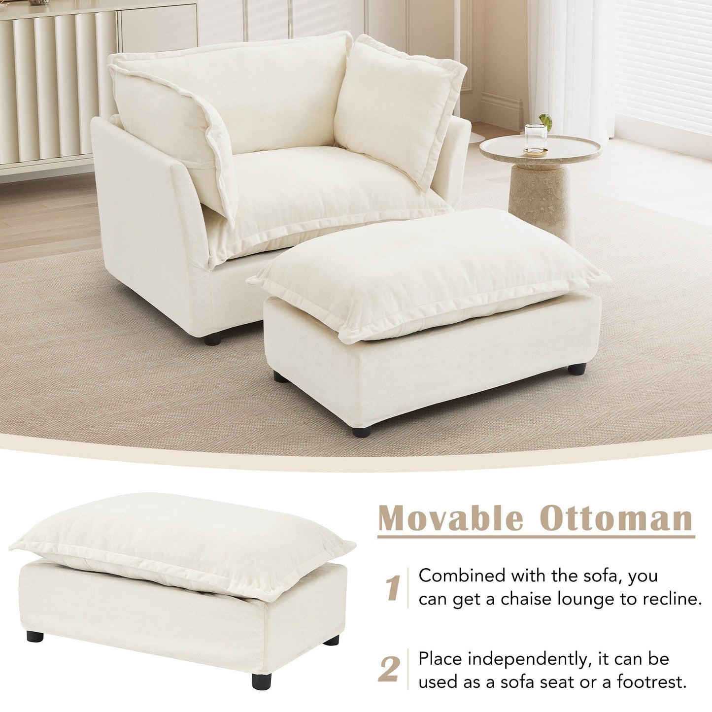 47 Modern Armchair Sofa with Ottoman - Upholstered Lounge Chair, Wide Seat, Curved Armrests & Soft Pillows for Living Room