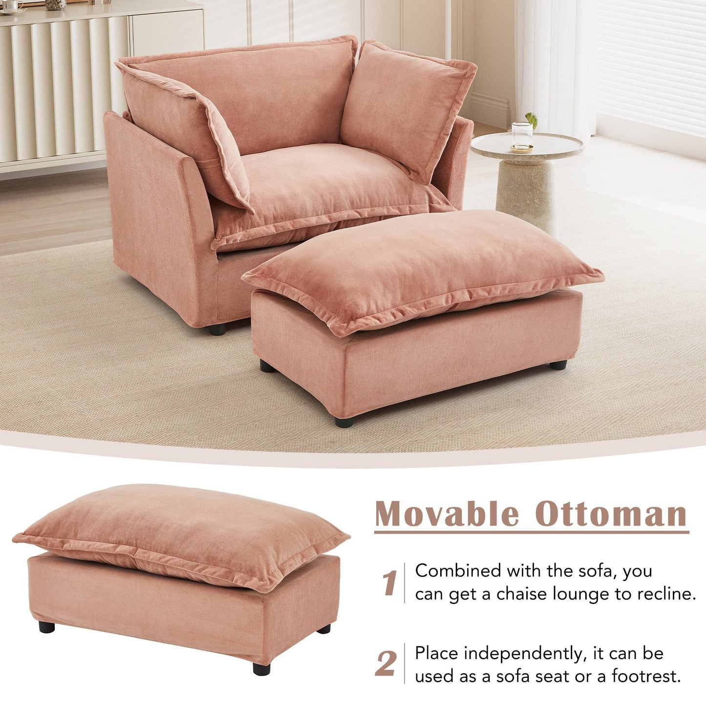 47 Modern Armchair Sofa with Ottoman - Upholstered Lounge Chair, Wide Seat, Curved Armrests & Soft Pillows for Living Room