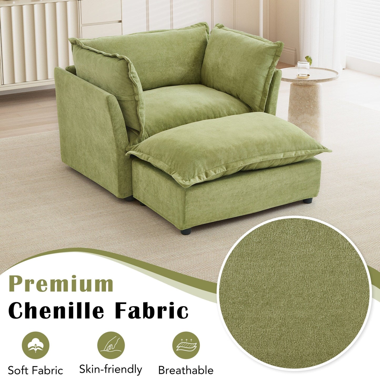 47 Modern Armchair Sofa with Ottoman - Upholstered Lounge Chair, Wide Seat, Curved Armrests & Soft Pillows for Living Room