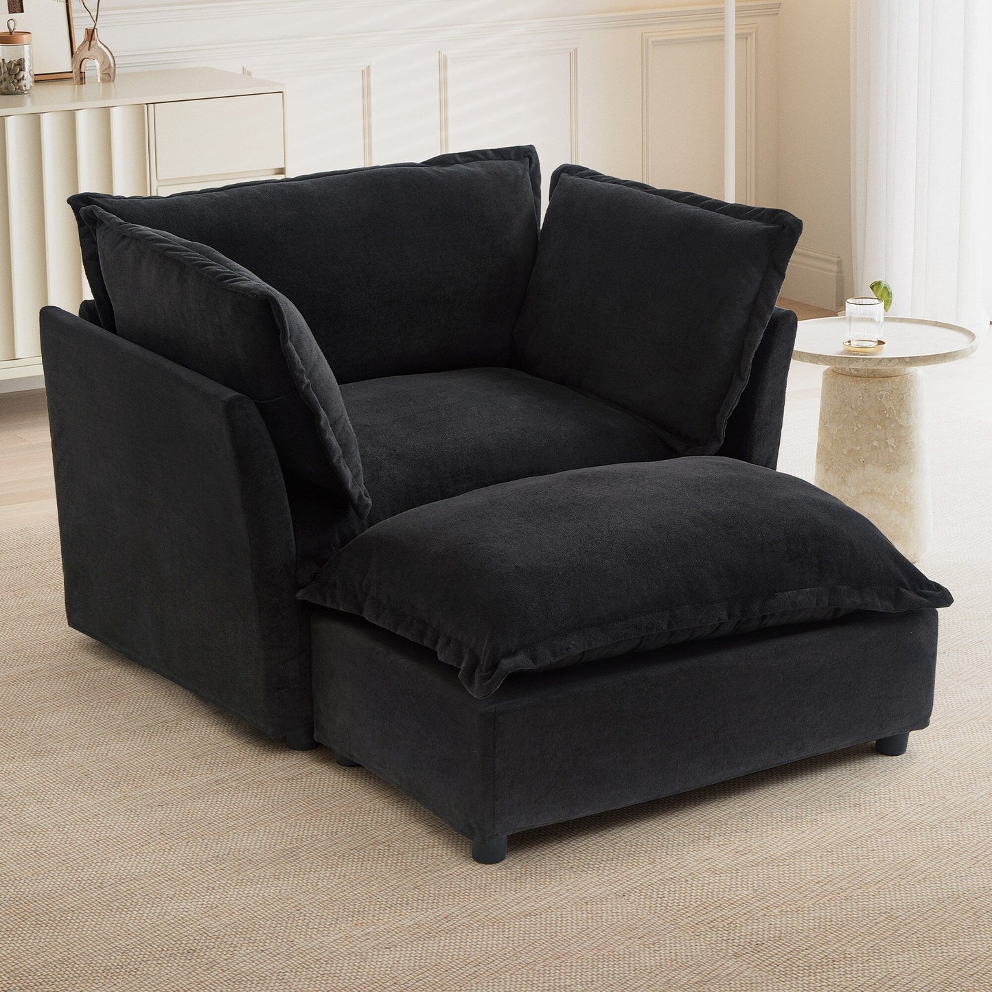 47 Modern Armchair Sofa with Ottoman - Upholstered Lounge Chair, Wide Seat, Curved Armrests & Soft Pillows for Living Room