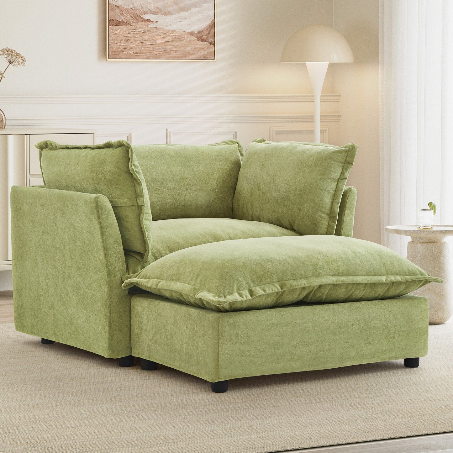 47 Modern Armchair Sofa with Ottoman - Upholstered Lounge Chair, Wide Seat, Curved Armrests & Soft Pillows for Living Room