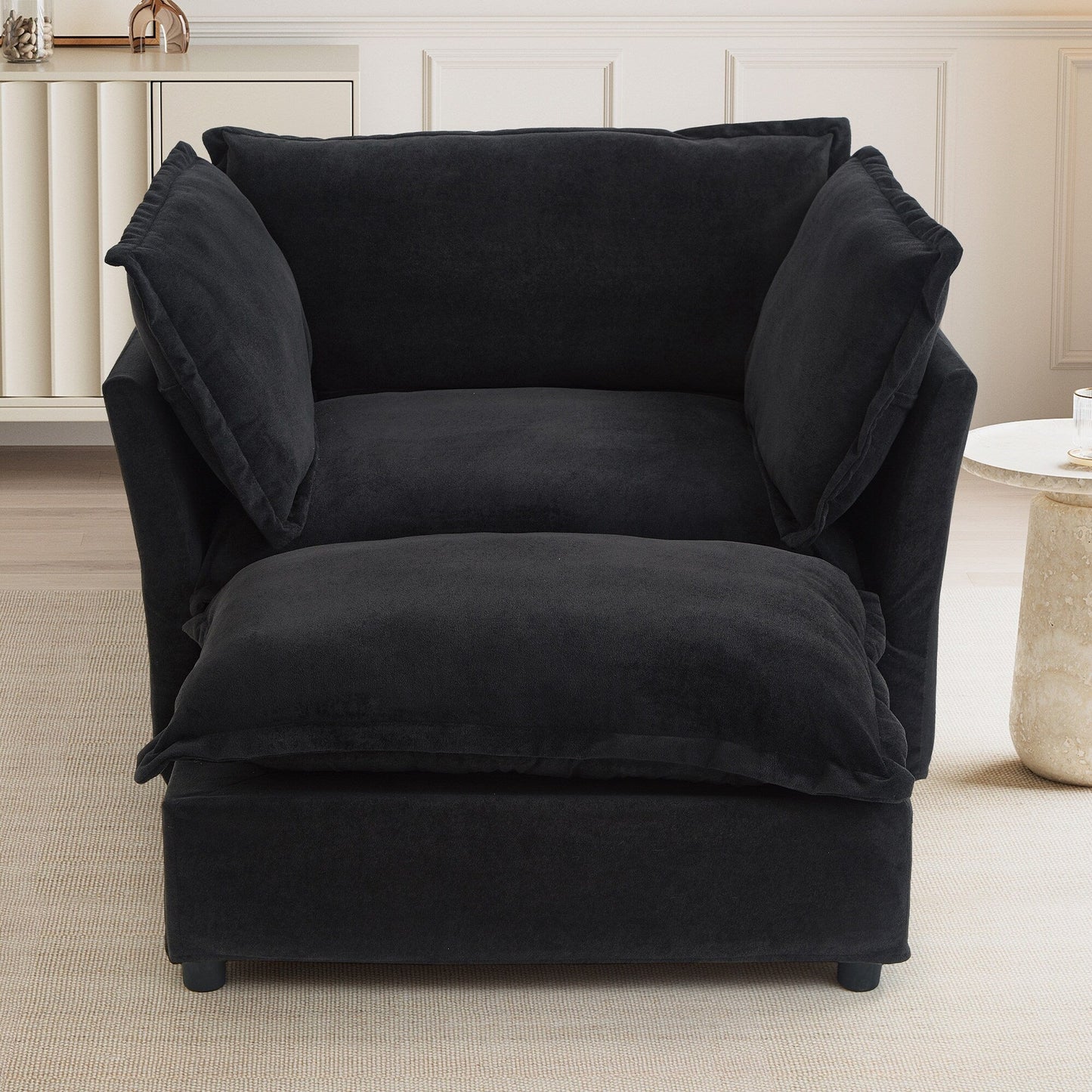 47 Modern Armchair Sofa with Ottoman - Upholstered Lounge Chair, Wide Seat, Curved Armrests & Soft Pillows for Living Room