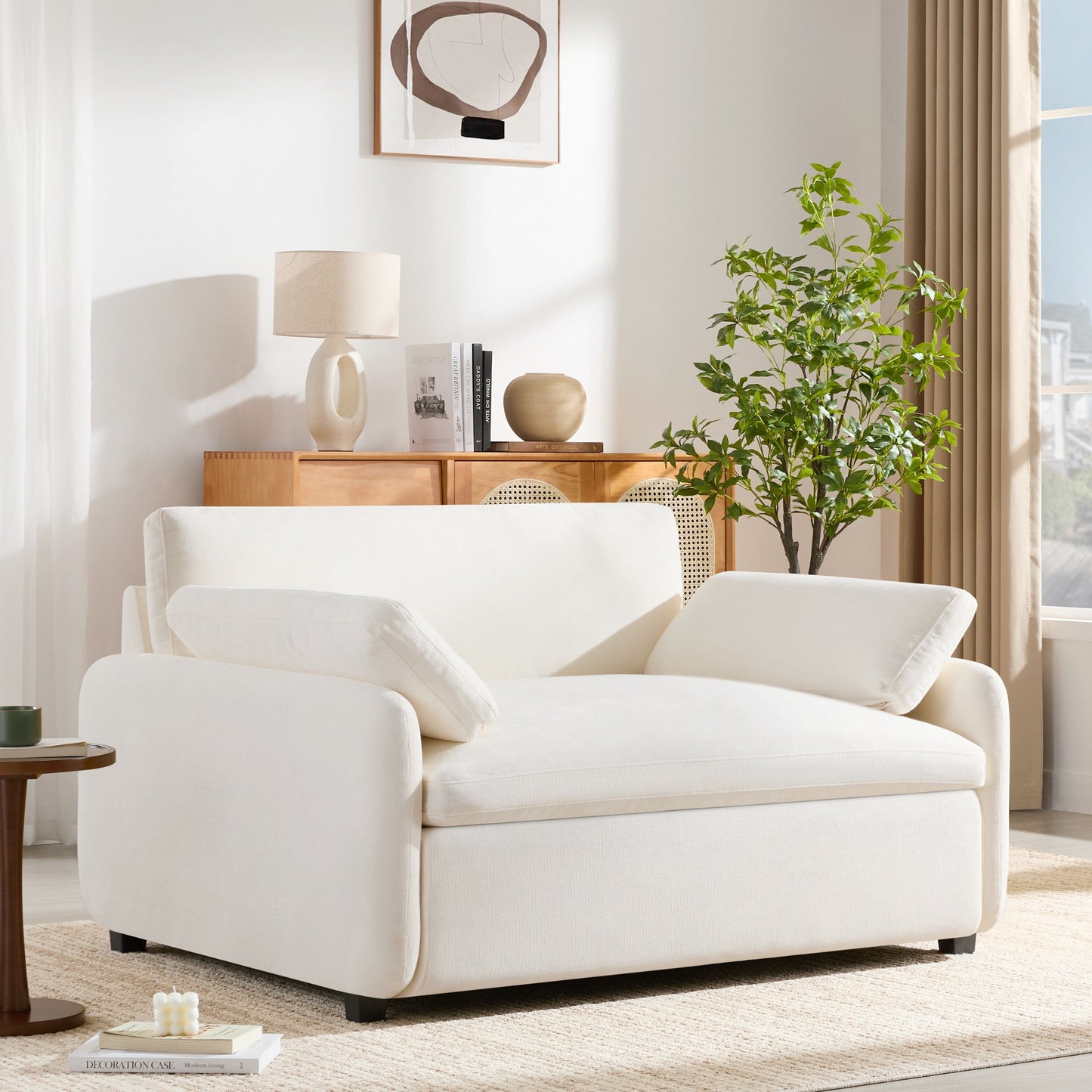 50 Oversized Chenille Lounge Chair - Wide Deep Seat Armchair with Color Block Design & Throw Pillows