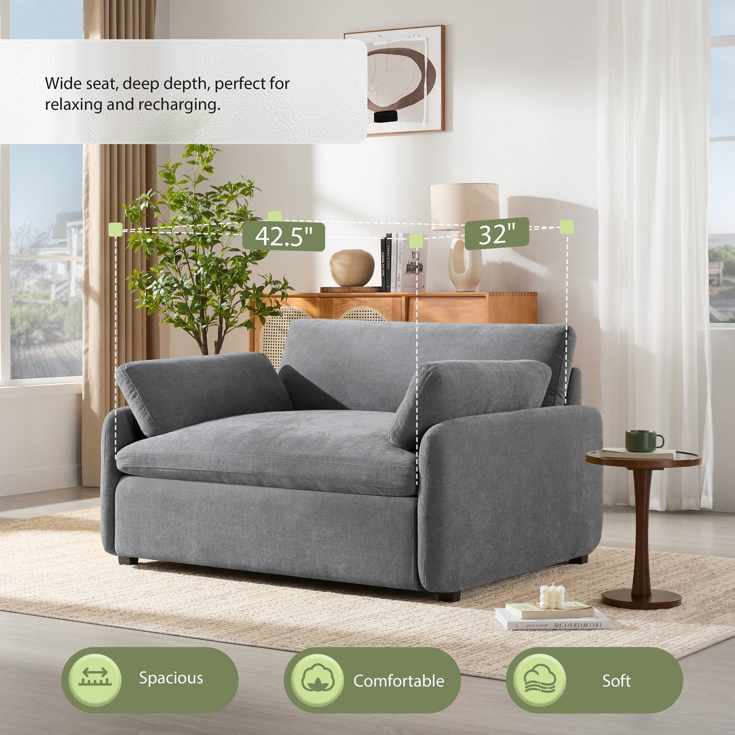 50 Oversized Chenille Lounge Chair - Wide Deep Seat Armchair with Color Block Design & Throw Pillows