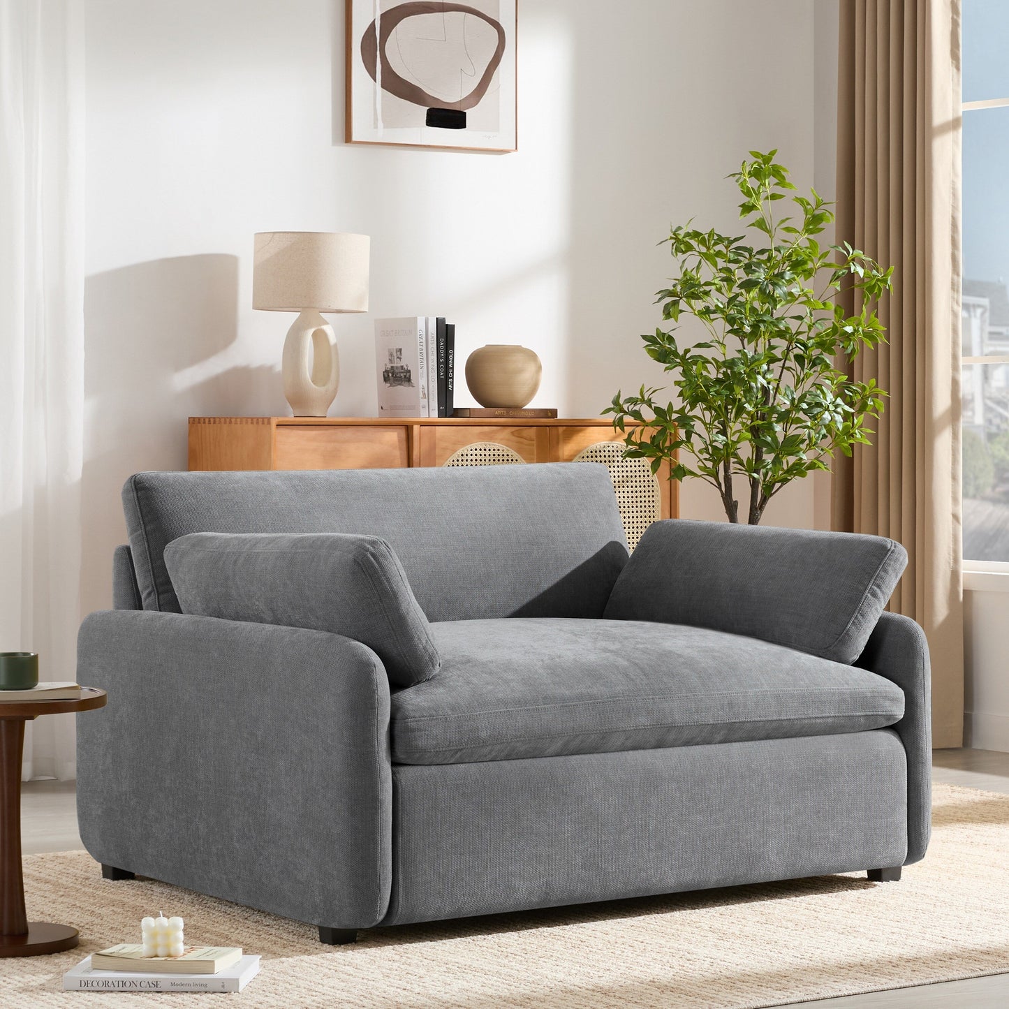 50 Oversized Chenille Lounge Chair - Wide Deep Seat Armchair with Color Block Design & Throw Pillows