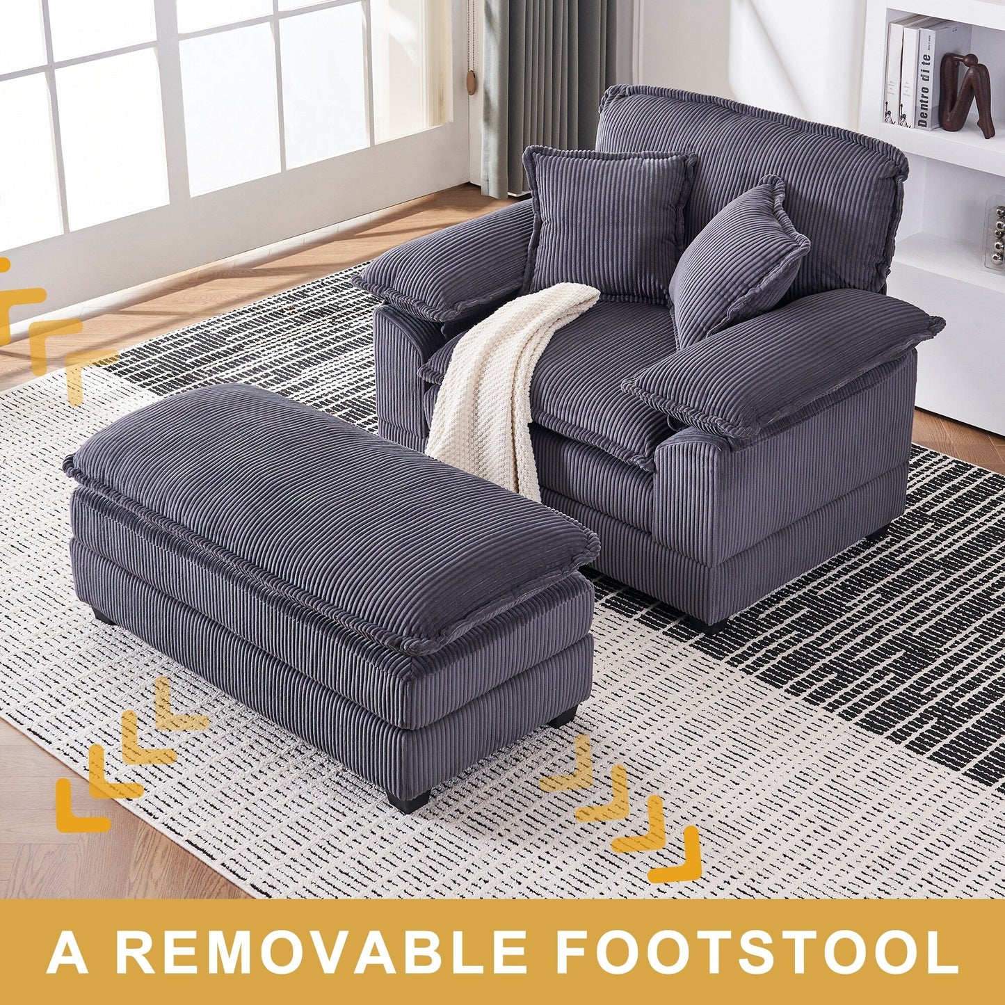 56.9 W Oversized Chair with Ottoman, Reading Chair for Bedroom, Lazy Sofa Bed, Modern Over Sized Single Recliner Couch