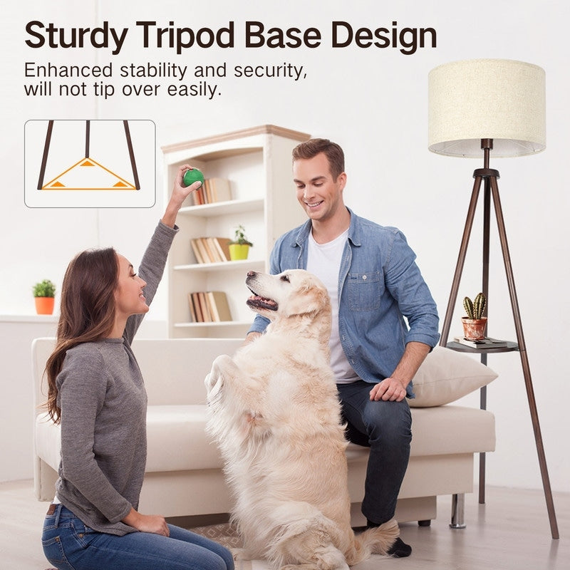 63 in. Walnut Tripod Floor Lamp with Solid Wood Legs and Tray