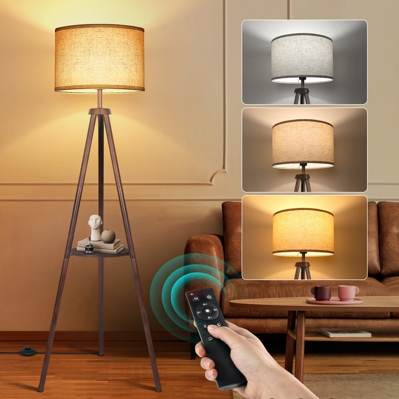 63 in. Walnut Tripod Floor Lamp with Solid Wood Legs and Tray