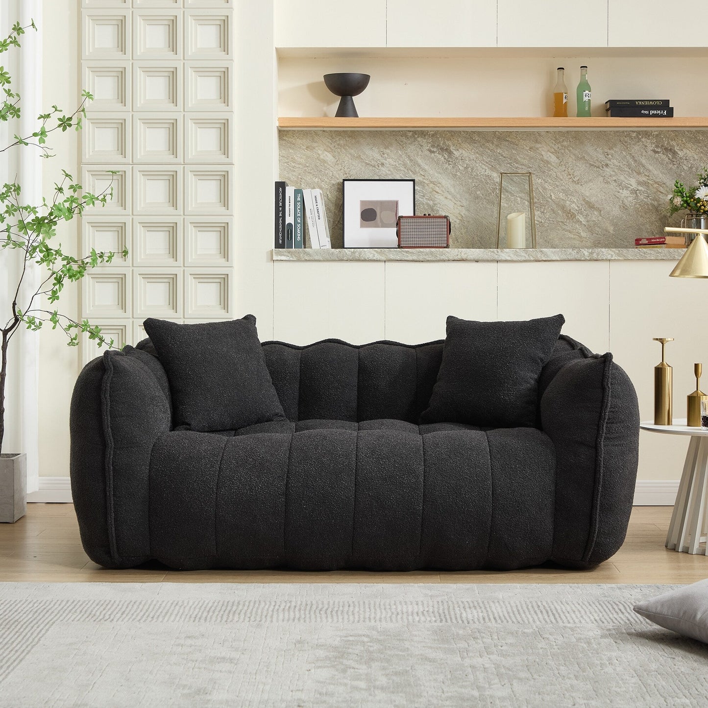66 Inch Black Chenille Bean Bag Chair for Two High Resilience Foam Core Square Recliner Sofa for Gaming Reading TV