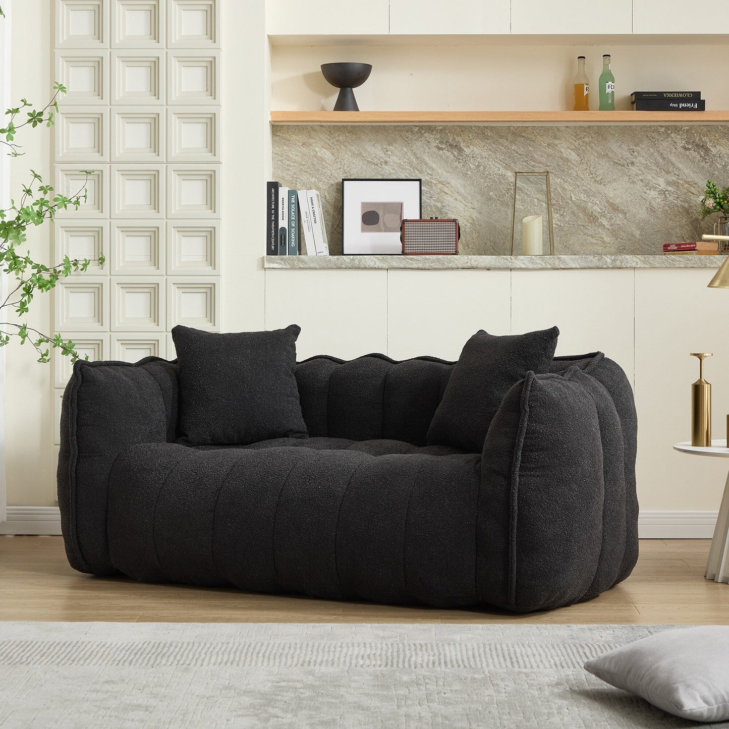66 Inch Black Chenille Bean Bag Chair for Two High Resilience Foam Core Square Recliner Sofa for Gaming Reading TV