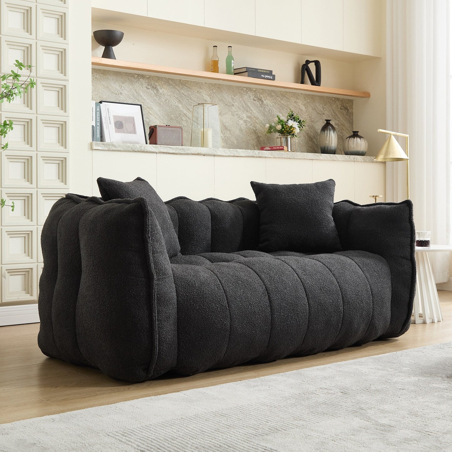 66 Inch Black Chenille Bean Bag Chair for Two High Resilience Foam Core Square Recliner Sofa for Gaming Reading TV