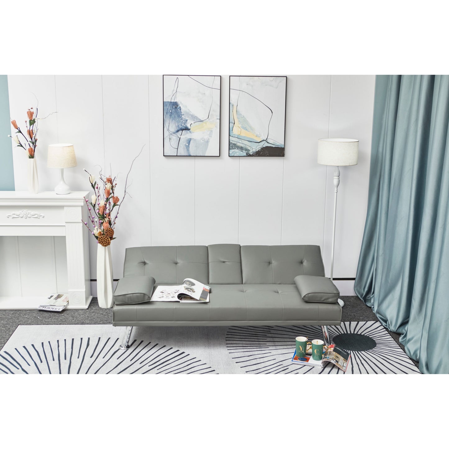 White Leather Multifunctional Pull-out Sofa Bed with Coffee Table - 31.00 x 67.00 x 33.00