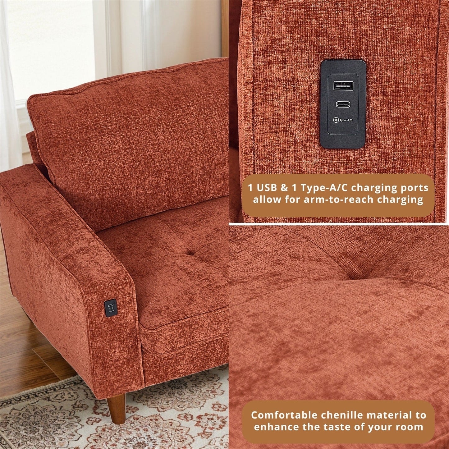 82.6 Inch Modern Living Room Chenille Recliner Sofa, loveseat Sofa,Removable Sofa Cover with USB, Easy to Instal