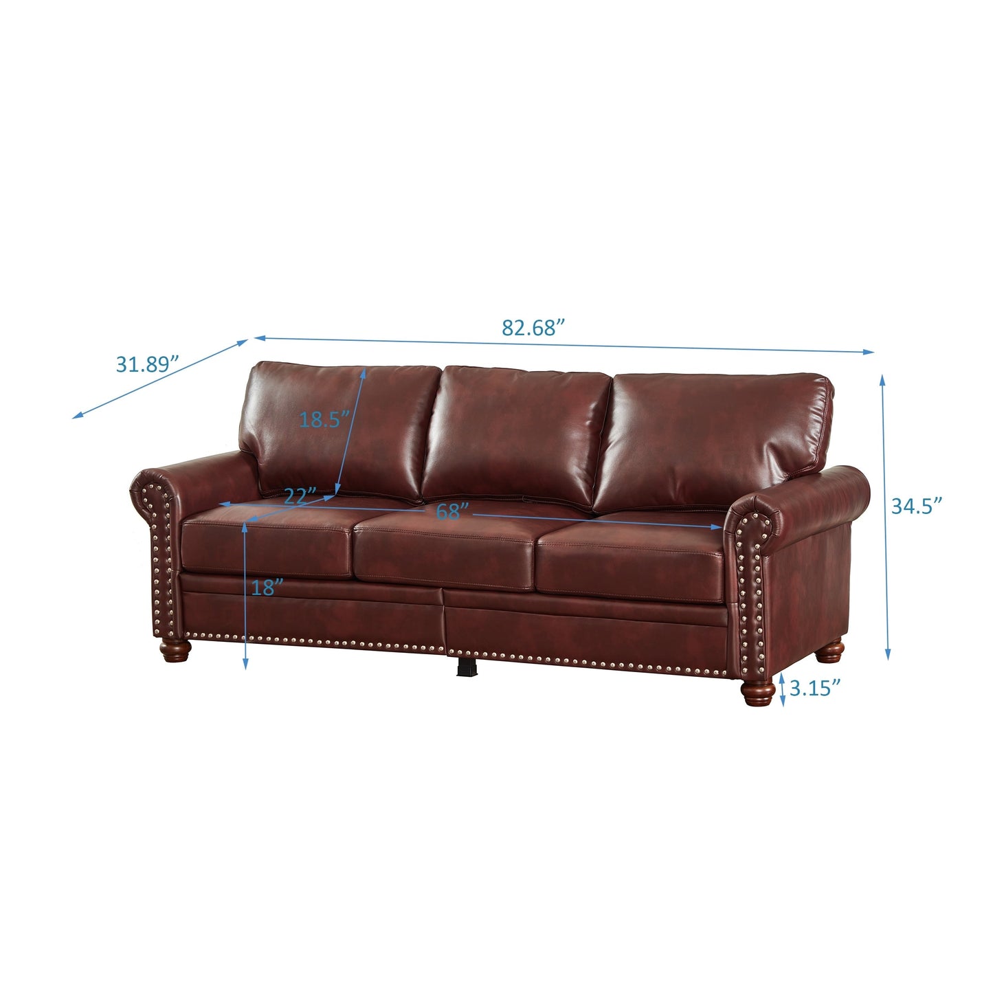 82.68 3-Seater Sofa PU Leather Sofa with Storage, Solid Wood And Metal Frame, 6-Leg Support, Under-Seat Storage Boxes