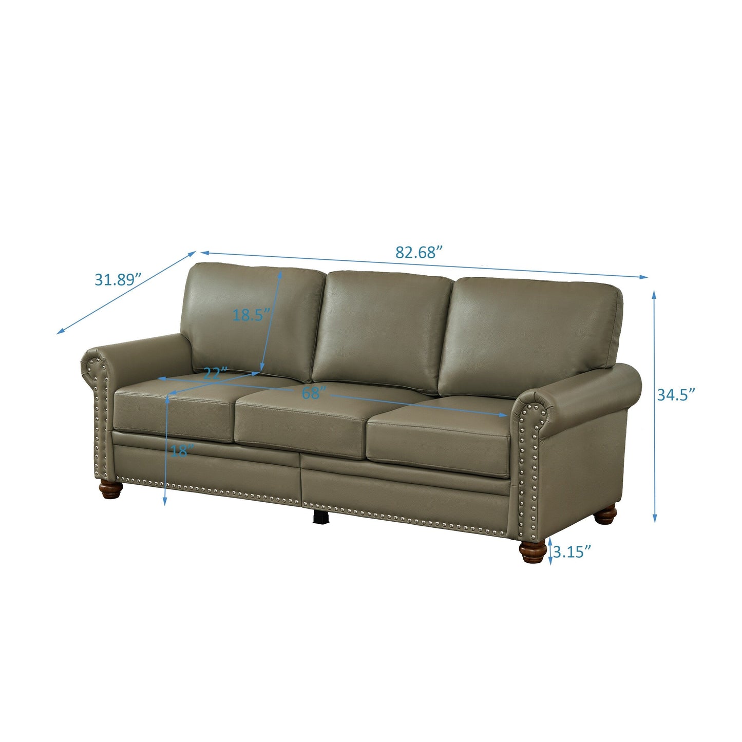 82.68 3-Seater Sofa PU Leather Sofa with Storage, Solid Wood And Metal Frame, 6-Leg Support, Under-Seat Storage Boxes