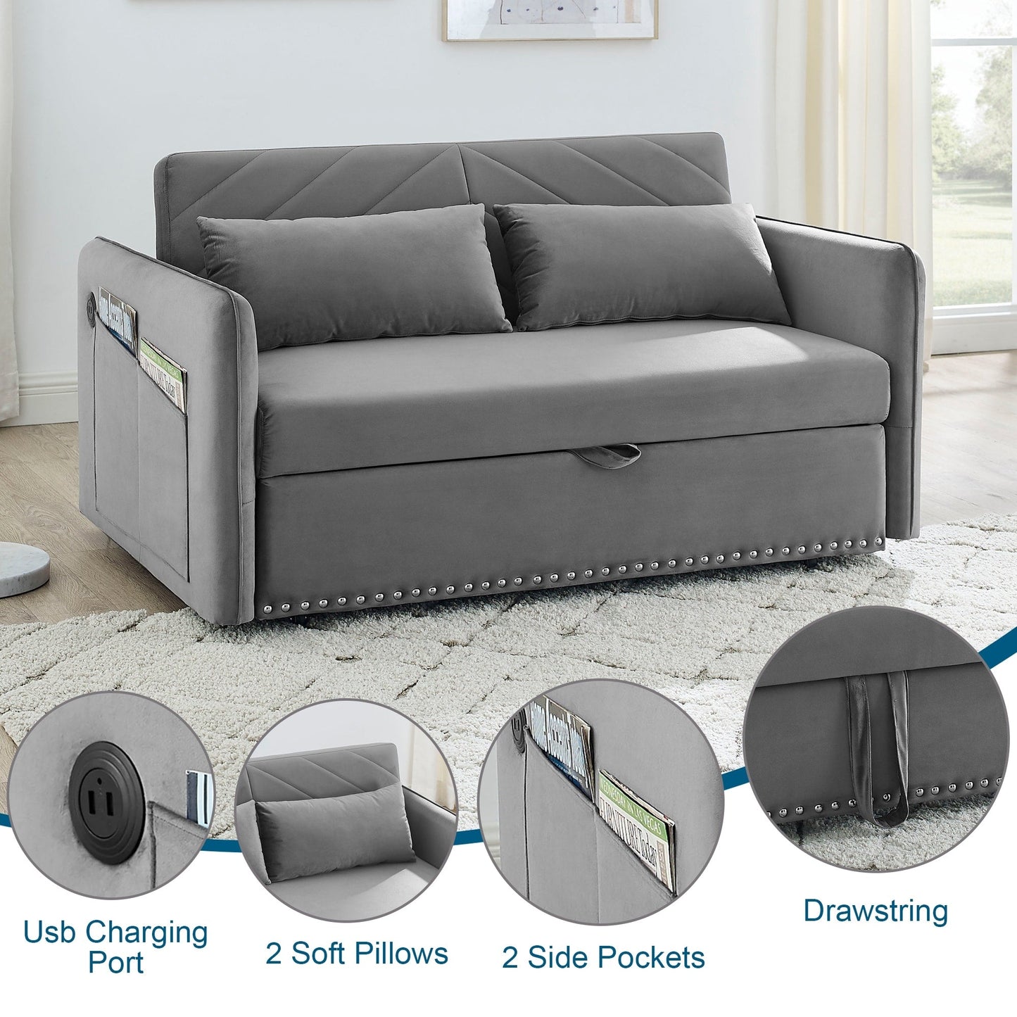 Aukfa 3 in 1 Convertible Sofa Bed Velvet Loveseat Sleeper