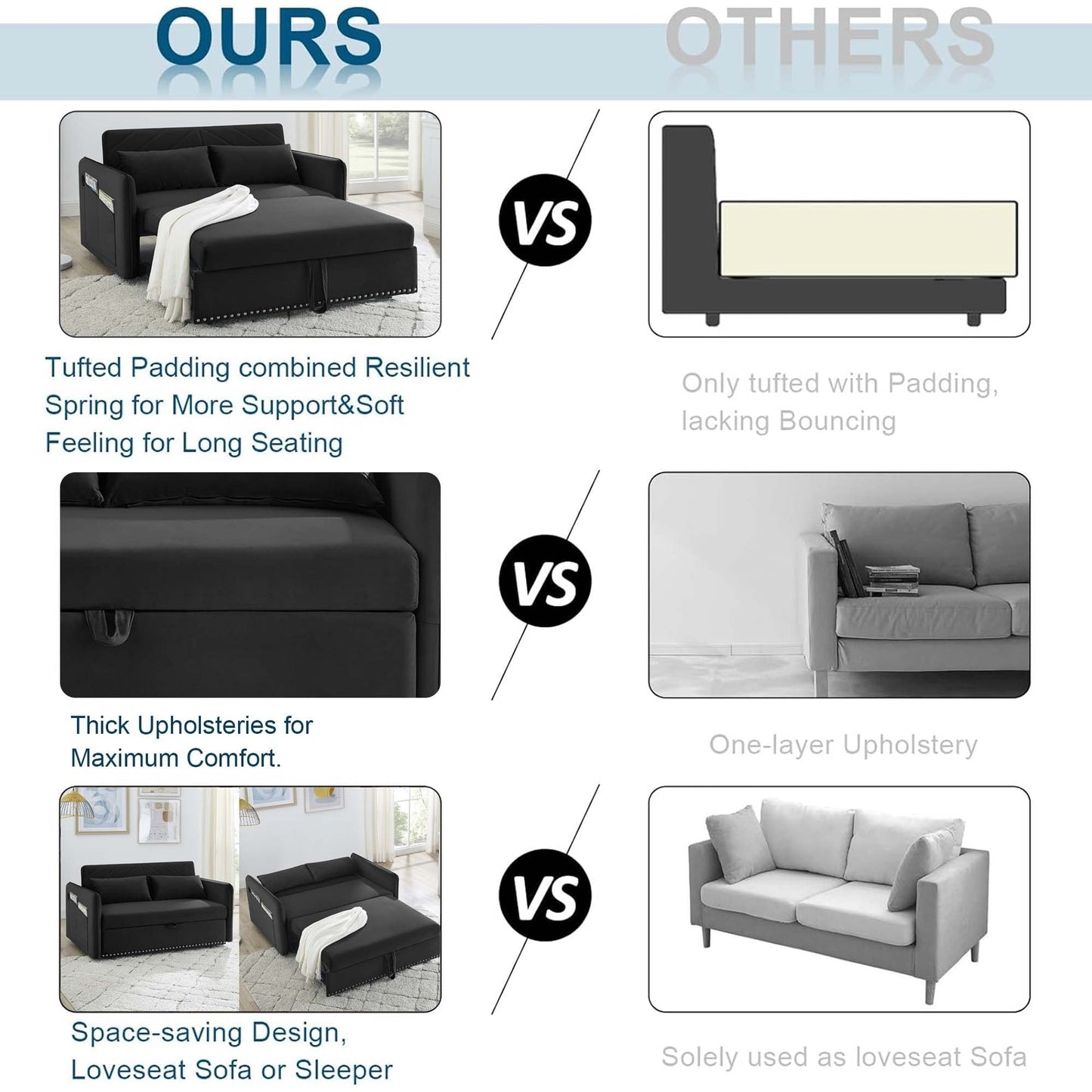 Aukfa 3 in 1 Convertible Sofa Bed Velvet Loveseat Sleeper