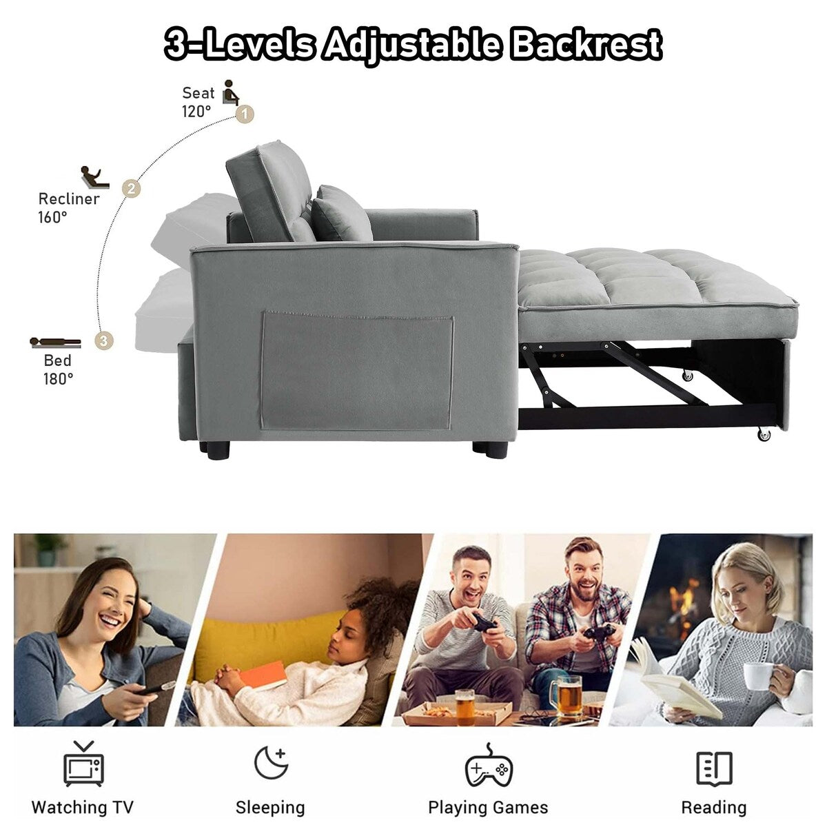Aukfa Velvet Convertible Sleeper Sofa Loveseat with Side Pocket