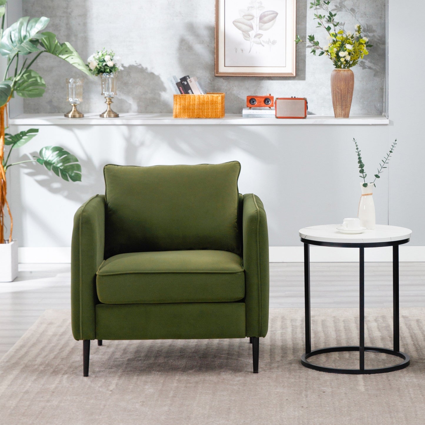 Accent Chair For Living Room, Velvet Comfy Single Sofa Chair Mid-Century Modern Armchair With 1 Pillow And Metal Legs