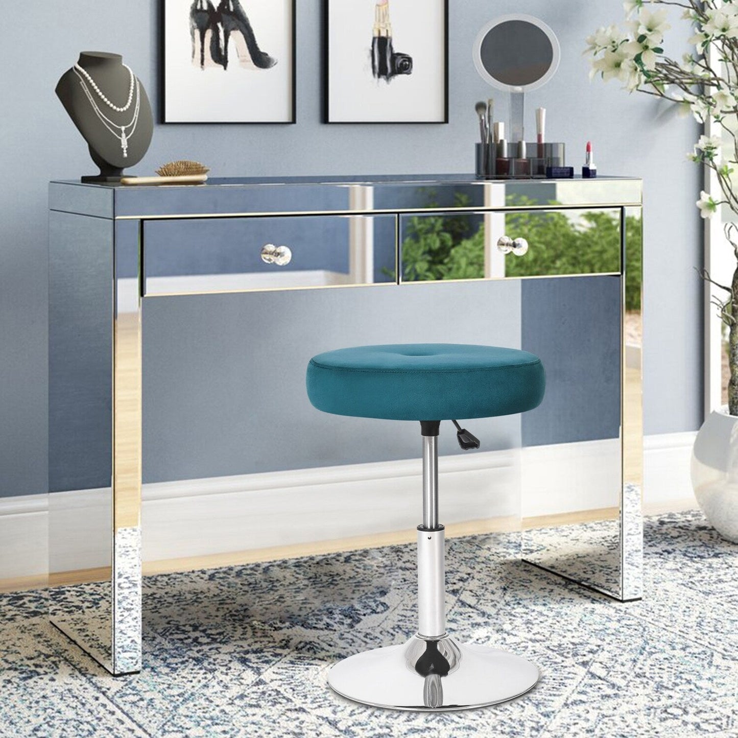 Adeco Adjustable Velvet Round Ottoman Swivel Vanity Stool Makeup Chair