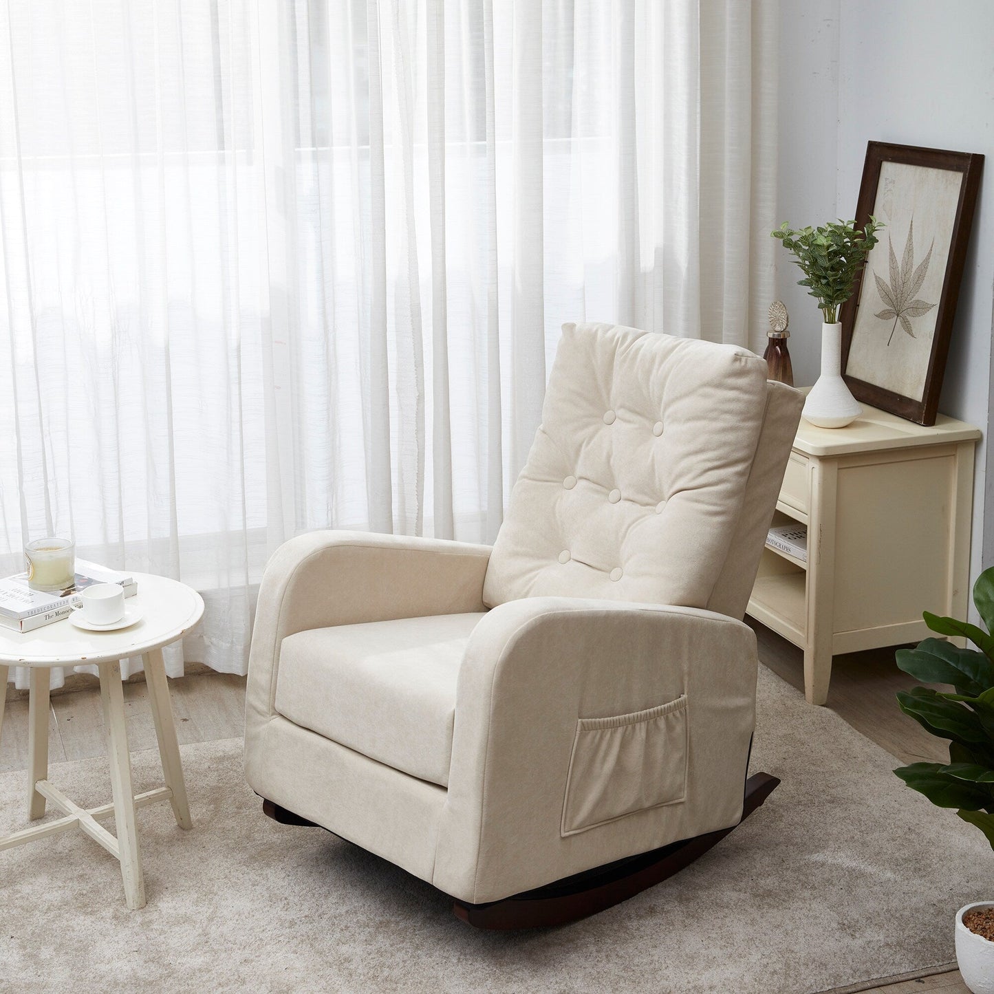Adjustable Reclining Sofa Chair for Balcony and Tatami, High Back Design with Solid Wood Legs, Side Pockets