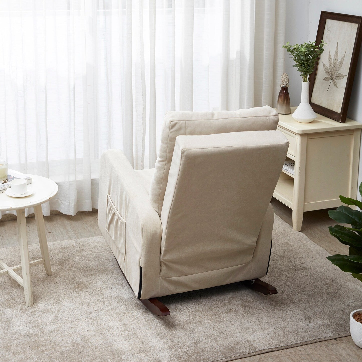 Adjustable Reclining Sofa Chair for Balcony and Tatami, High Back Design with Solid Wood Legs, Side Pockets
