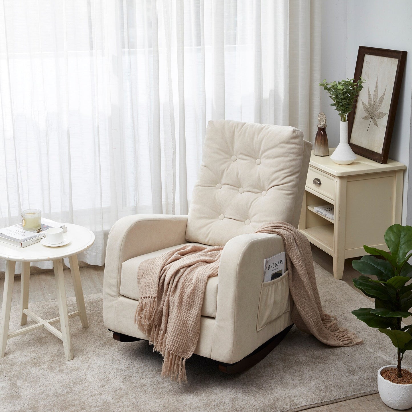 Adjustable Reclining Sofa Chair for Balcony and Tatami, High Back Design with Solid Wood Legs, Side Pockets