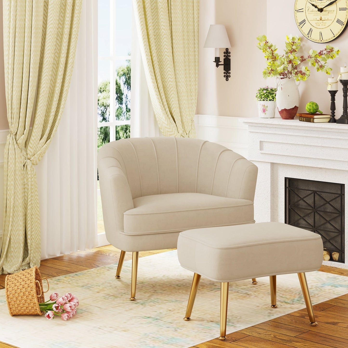 Andeworld Accent Chair with Ottoman, Upholstered Modern Single Sofa Side Chair,Comfy Barrel Club Living Room Armchair
