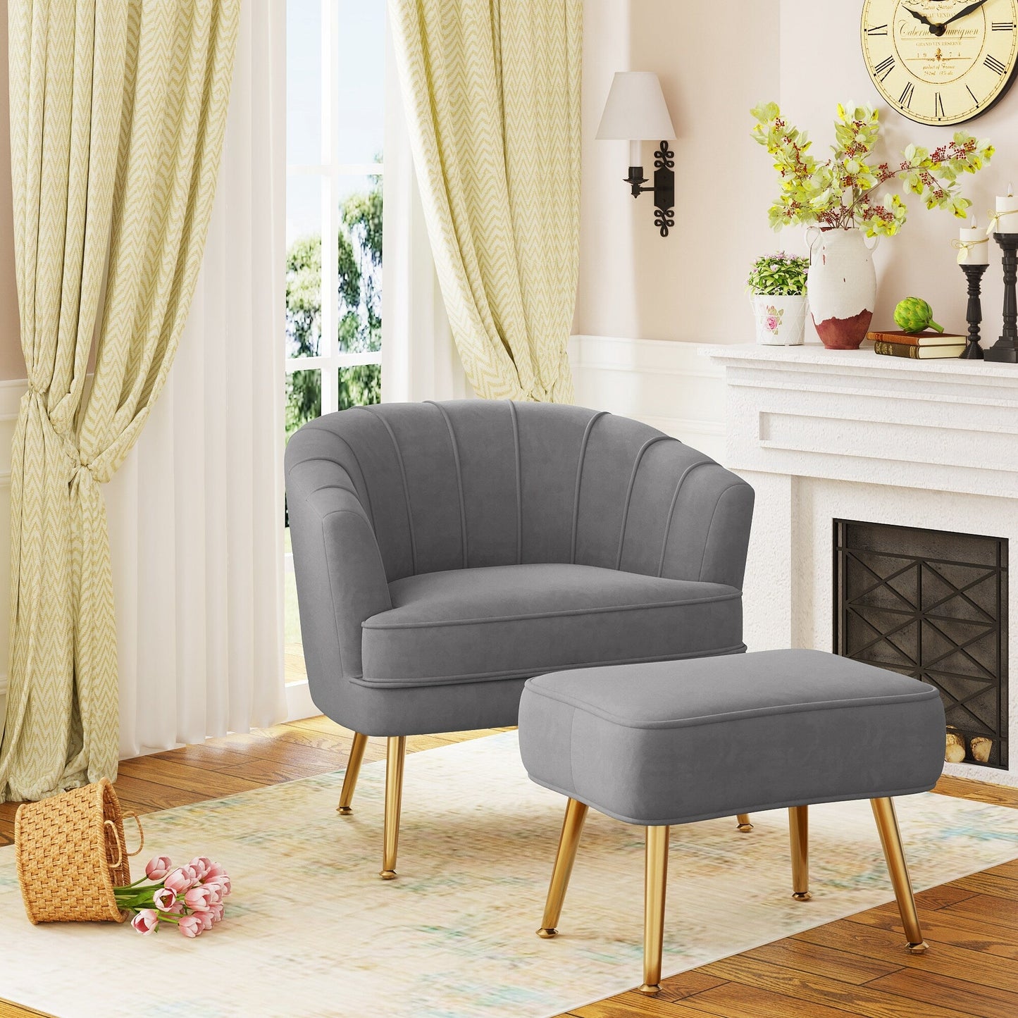 Andeworld Accent Chair with Ottoman, Upholstered Modern Single Sofa Side Chair,Comfy Barrel Club Living Room Armchair