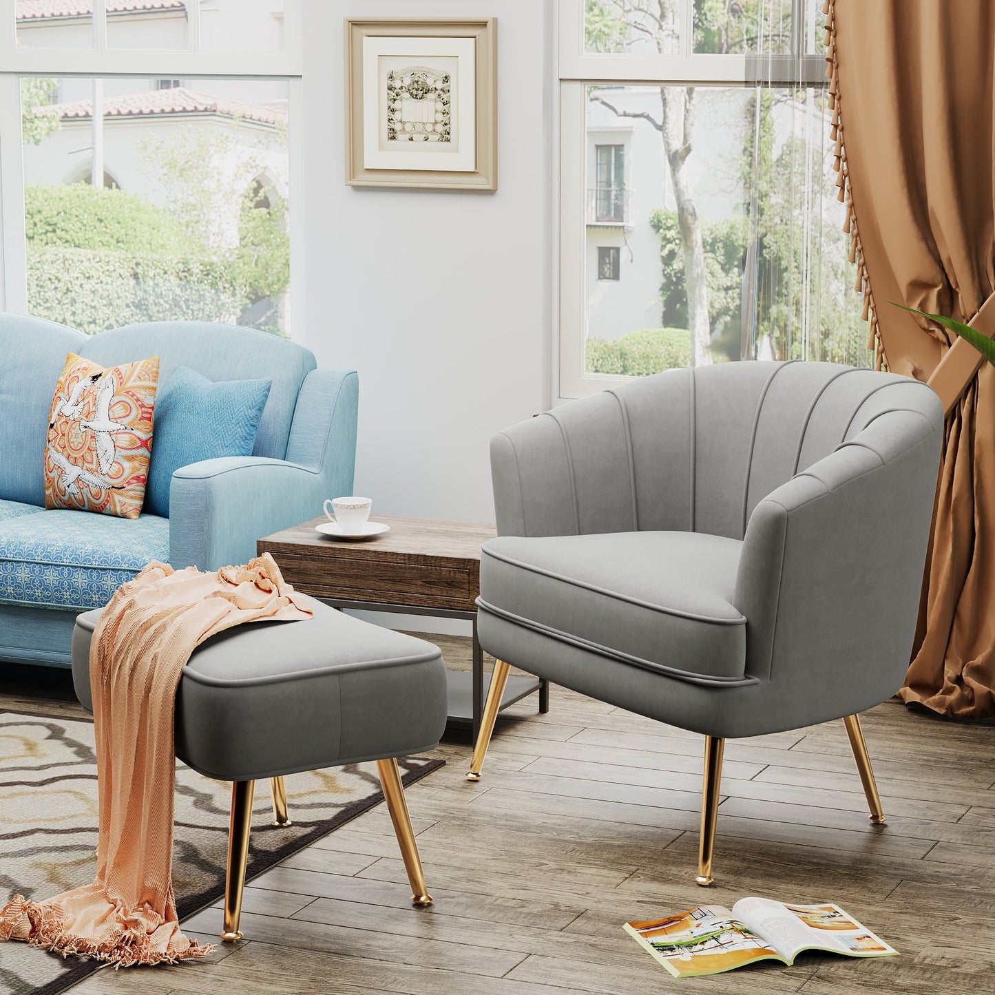 Andeworld Accent Chair with Ottoman, Upholstered Modern Single Sofa Side Chair,Comfy Barrel Club Living Room Armchair